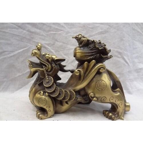 Fast shipping USPS to USA S1355 10" Chinese Pure Bronze Wealth Cai Coin Unicorn Kylin Toad Cabbage Brass Statue