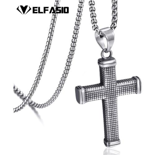 Elfasio Mens Stainless Steel Chain Silver Cross Double Sided Religion Pendant Necklace Jewelry Custom length 45-90cm