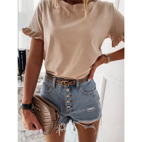 Summer Top Office Lady Tee Shirt Femme Short Sleeve Casual Plain Women OL T Shirt Ruffles Loose Ladies tshirt Dames Streetwear