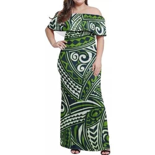 Hycool Top Quality Plus Size Dress Summer Print Ruffle Off Shoulder Dress Upscale Green Paisley Stripe Print Half Shoulder Gown