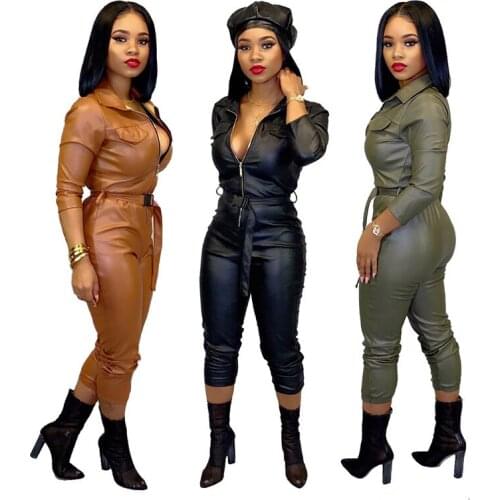 Faux Leather Jumpsuit Long sleeve Sexy Skinny Pencil Rompers jumpsuit Front Zipper Fly Overalls Female Belted Womens Jumpsuit