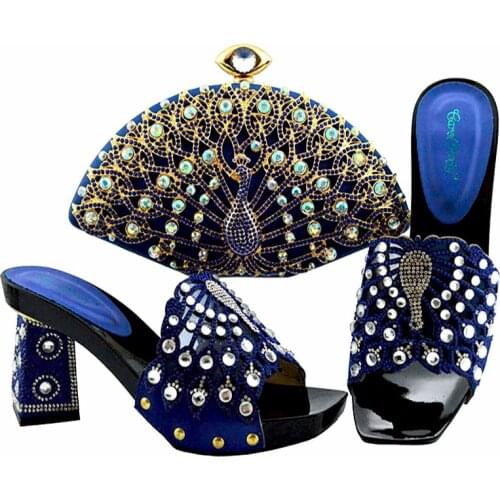 Italian Design Royal Blue Color African Party Women Shoes and Bag With Colorful Crystal Mixing Metal Decoration