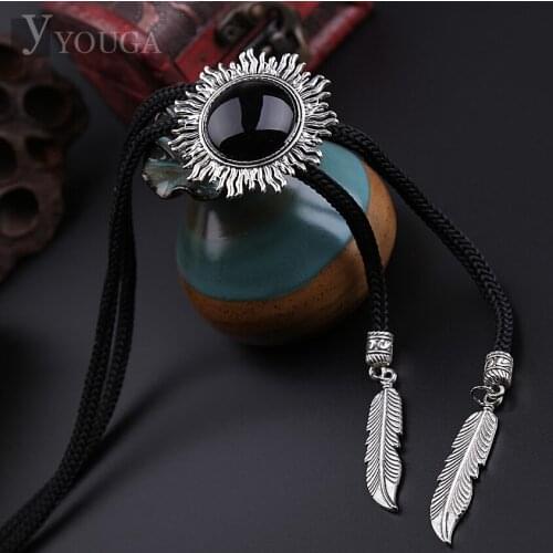 Exquisite Vintage Black Agate Gem Bolo Tie Shirt Knot Collar Fashion Jewelry High Quality Detachable Collar