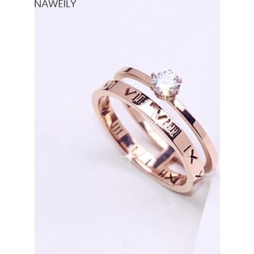 NAWEILY Bridal Sets Titanium Steel Rings Gold Color CZ Zircon Ring For Women Jewelry Fine Gift Fashion Letter Ring NWLP665