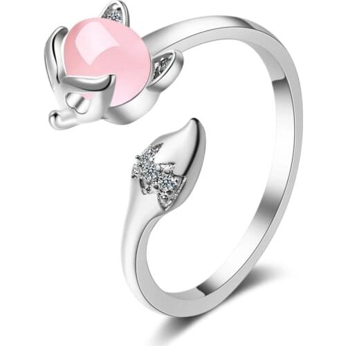Hot Sale Cute Animal Finger Ring For Women Little Fox Pink Opals Open Adjustable Ring Fashion Elegant Fine Wedding Party Jewelry
