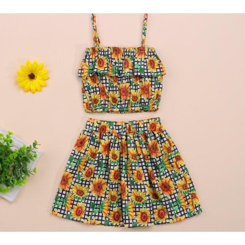 Toddler Baby Girl Summer Two Piece Set Infant Kids Sunflower Plaid Ruffles Camisole and A-line Short Skirt Summer Lovely Outwear