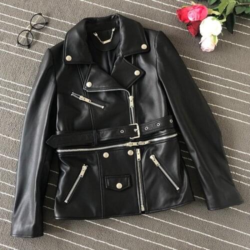 Fashion New Women Genuine Leather Jacket Real Sheepskin Coat Slim Fit Zipper Motorcycle Biker Female Sheep Leather Ladies Coat