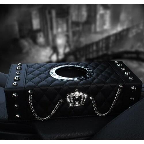 Fashion Punk Style Car Tissue Box Luxury Crown Leather with Crystal Rhinestone Paper Tower Storage Women