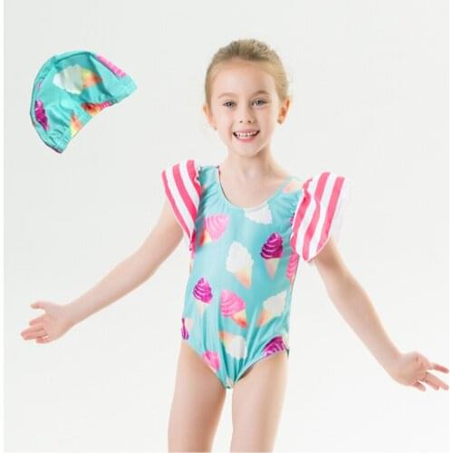 2021 newest Baby Girls Swimwear Swimsuit Kids Summer Ice Cream Pattern Fly Sleeve U-shaped Neck Swimwear Cute Summer Outfits