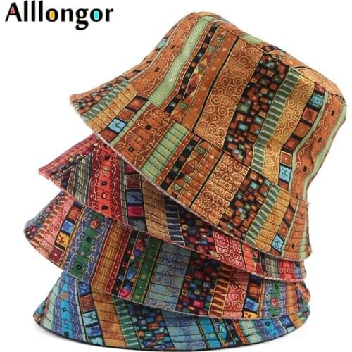 Reversible Retro Bucket Hat For Women 2021 Fashion Bob Panama Hat Vintage Print Fisherman Hats Fishing Cap Foldable Sun Hat