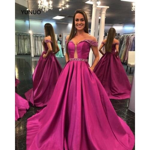 YUNUO Off Shoulder Prom Dresses A Line Satin Beaded Belt & Straps Illusion Keyhole vestido de fiesta Long Party Formal Dress