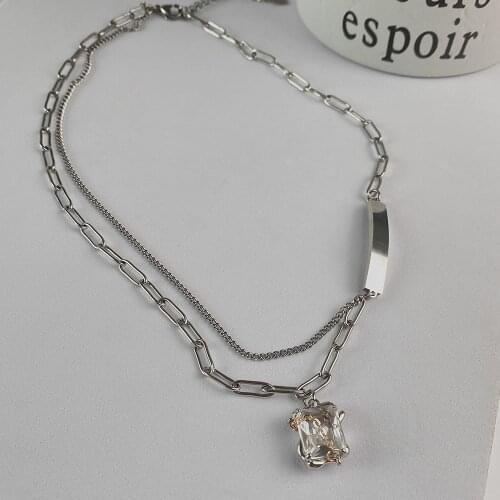 Cosysail Double Layer Crystal Pendant Necklace for Female Men Vintage Stainless Steel Clavicle Chain Necklace Party Jewelry Gift