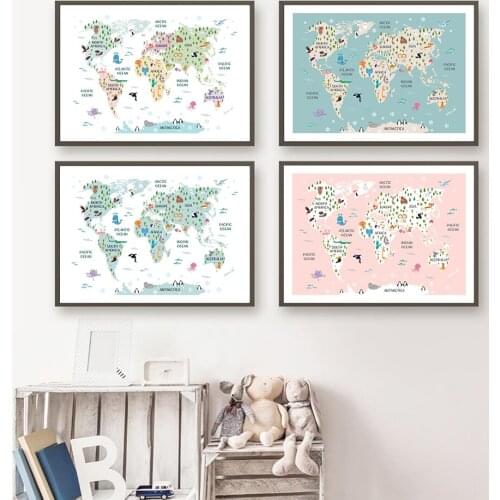 Educational Animal World Map Nursery Wall Art Canvas Painting Cute Cartoon Animals Posters and Prints Pictures Kids Room Decor