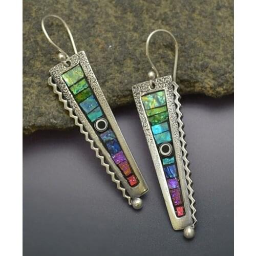 Silver color Pendant Earrings in iridescent rainbow color with polymer clay zigzag jewelry