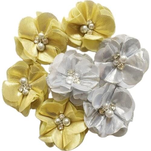 2.0 inch Silver & Gold Color Chiffon Flower Ruffled Chiffon Flower Metallic Chiffon Flower With Rhinestone Center 100Pcs/lot