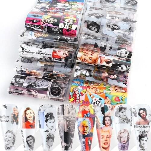 Monroe Hepburn Sliders for Nails Sexy Goddess Nail Foil Taylor Mike Jackson Retro Nail Transfer Sticker Nail Accessories SA6210