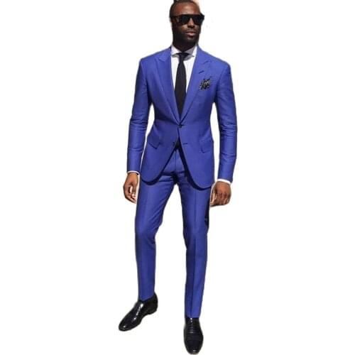 Two Pieces Royal Blue Groom Tuxedos Peak Lapel Men Wedding Tuxedo Fashion Men Blazer Men Suit Custom Made (Jacket+Pants+Tie
