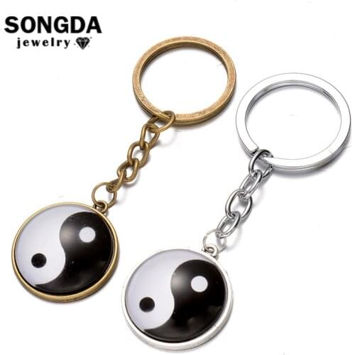 SONGDA 2018 New Vintage Yin Yang Keychain Ba Gua Tai Chi Time Gem Metal Pendant Porte Clef Bag Charms Car Key Ring for Men Women