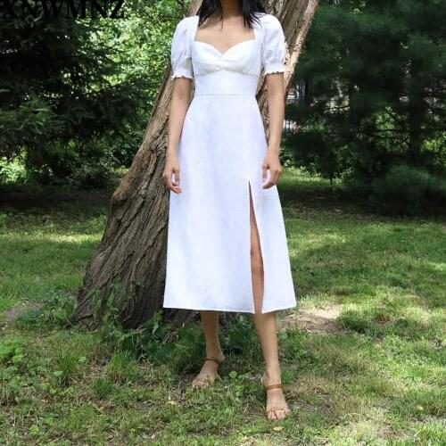 XNWMNZ ZA High quality 2020 Women Summer Vintage White V Collar Slim Waist slit Dress Split Hem Puff Sleeve Zipper Midi Sundress