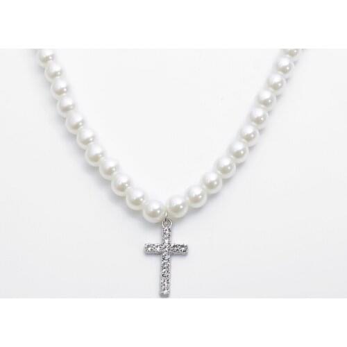 Vintage Pearl Necklace Crystal Cross Rhinestone Pendant Simply Pearl Beads Cross Chokers Necklaces Women Fashion Jewelry