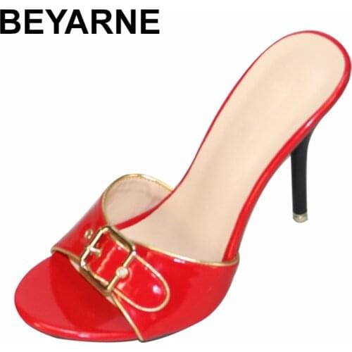 BEYARNE 2020 New Arrived Fashion Candy Colors 10.5CM Thin High Heels Slippers Sexy Open Toe Buckle Indoor Slides For Women Size