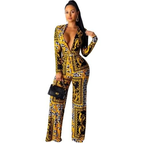 2021 Full Length for Women Fashion Clothing African Jumpsuit V Neck Long Sleeve Romper Bandage Ladies Jumpsuit Geometric Print