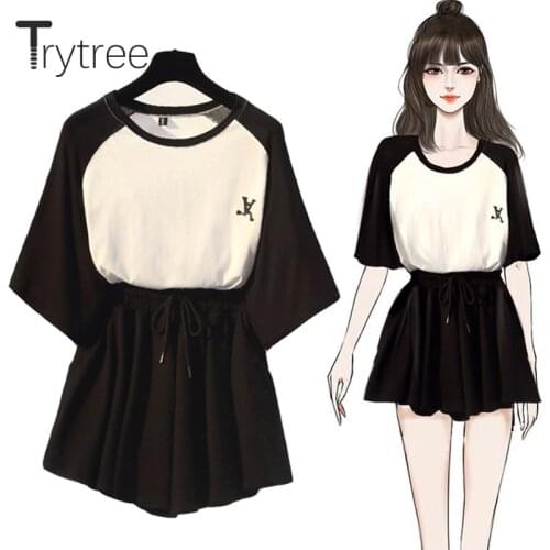 Trytree Summer Women two piece set Casual O-Neck tops + shorts Skirts Elastic waist Drawstring Pockets Thin Suit Set 2 Piece Set