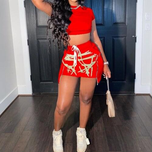 Summer 2021 Two-piece Suit Dress High Waist Sportswear Round Neck Short Sleeve Top Slim Street Style Printing Women Mini Dress