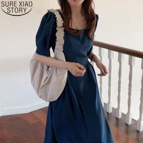 Elegant Dress Square Collar Plus Size Summer Dress 2021 French Style Women Dresses Black Blue Short Sleeve Vestidos Femme 14497