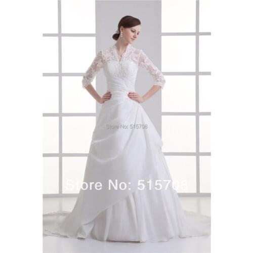 V Neck Lace White Ivory Hollow Back Bridal Gowns Half Sleeves Lace Up Court Train A Line Wedding Dresses Custom Make
