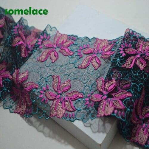 2Y/lot 15Cm Translucent Gauze Mirror Rose Floral Embroidery Lace Trim with Design for Wedding Bridal and Garment Decoration