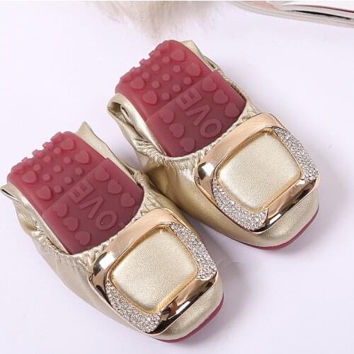 2021 Women Fashion Flats Shoes Square Toe PU Leather Shoes Women Loafers Woman Foldable Ballet Flats Shoes Girls Cute Golden