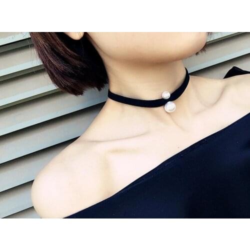 40cm black velvet neck choker with small and large pearl fashion choker necklace