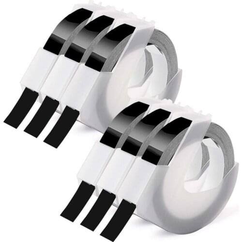 6 Rolls Embossing Label Tape 3D Plastic White on Black 9mm x 3meter for Dymo Embossing Label Makers