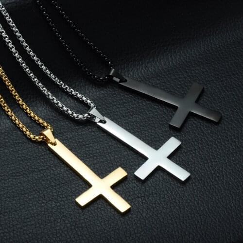 Fashion Stainless Steel Inverted Cross Pendant Necklace Lucifer Satan Punk Jewelry Chain For Men Women Anti-Christian Gift