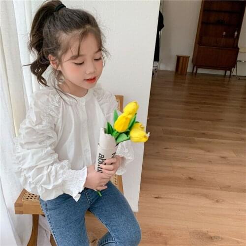 Spring Autumn 2021New Childrens Wear Girls White Puff Sleeve Drawstring Blouse Shirt Korean Style Princess Shirts Tops 2-8Yrs