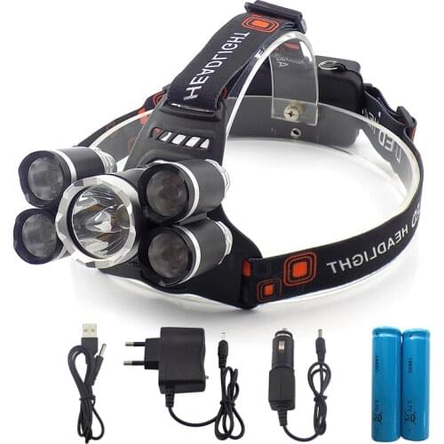 High power Headlight headlamp 5 Chip XM-L T6 /Q5 LED Head Lamp Flashlight Torch Lanterna head light with batteries AC charger