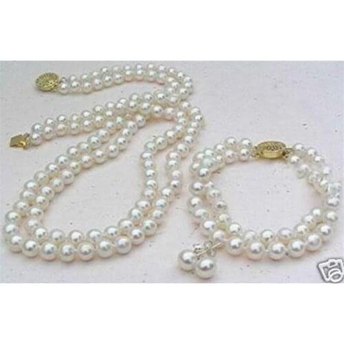 2 Rows White 8mm Akoya Cultured Shell Pearl Necklace Bracelet Earring Set AAA01