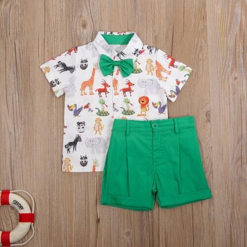 Toddler Baby Boy Summer Outfits 2-Pieces Fashion Casual Cute Print Short Sleeve Bow Tie Shirt + Shorts Suit 1-6years