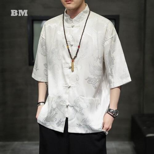Summer Short Sleeved Shirt Hinese Style Plus Size Stand-Up Collar Top Tai Chi Hanfu Men Clothing Casual Harajuku Coat Male