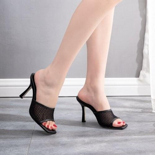 Summer Square Toe Ladies Mules Sexy Thin High Heels Sandals Slippers Female Fashion Woman Shoes 9CM