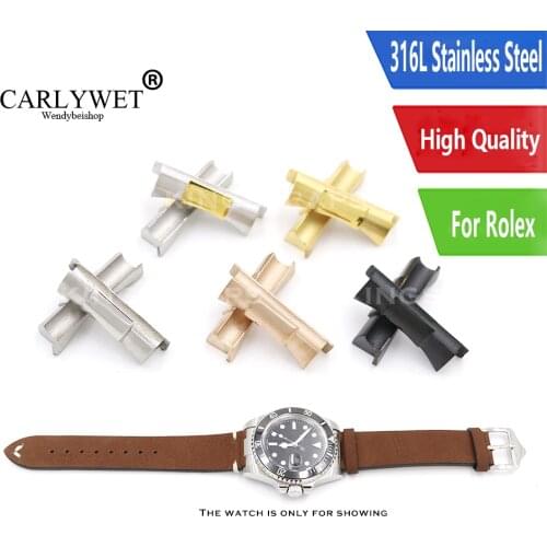 CARLYWET 20mm Silver Gold Black Rose Gold Solid Curved End Link For Rolex Submariner Daytona GMT Watch Band Strap Rubber Leather
