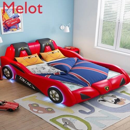 Luxury Custom Childrens Car-like Bed Single Bed Cartoon Leather Bed Boys and Girls Guardrail Bed Stitching Personality Bed