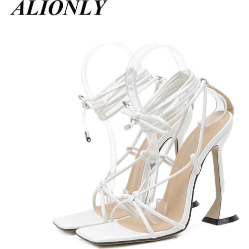 ALIONLY Gladiator Knee High Sandals for Women 2021 Summer Open Toe Lace up Cross Strappy Sandals High Heels Fashion Sexy Shoes