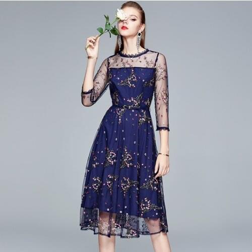 Embroidery Mesh Gauze Summer Style Dresses Women Polyester Chiffon Vintage O-Neck 2021 Women Fashion Clothing French Dresses