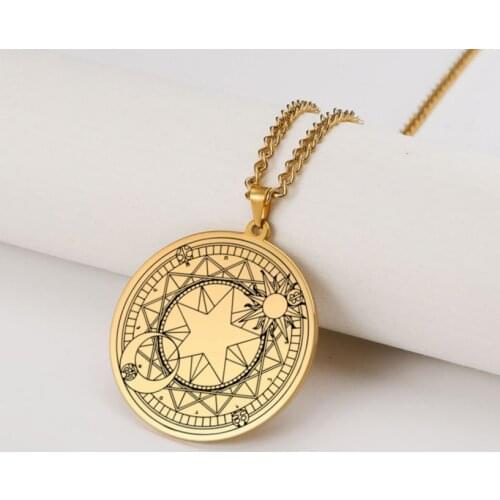 Sun Moon Sakura Magic Array Amulet Pentagram Necklace for Men Women Stainless Steel Witchcraft Good Luck Charms Chain Jewerly