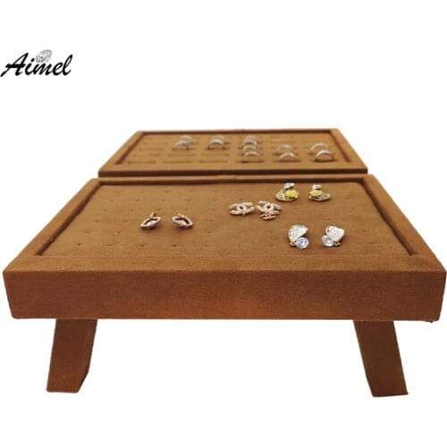 Brown Velvet Ring Jewelry Display Stand Bench Style Large Capacity Ring Jewelry Storage Organizer Tray Stand Cufflinks Showcase