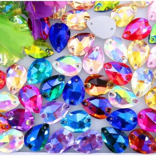 Fat water drop shape AB colors glass crystal flat back with two holes 4 Sizes Sew on rhinestone dress shoes bags diy trimming