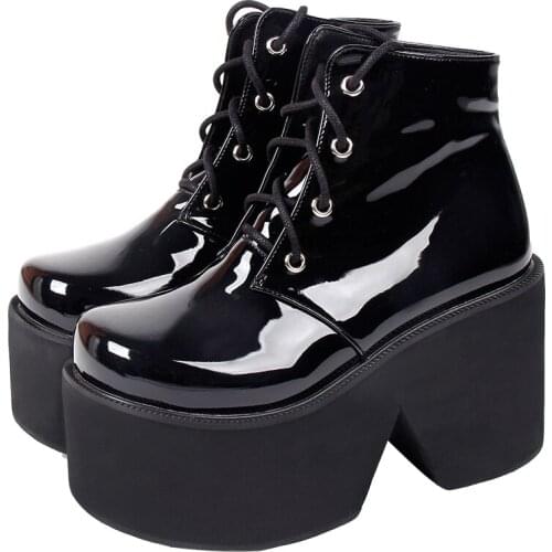 Angelic imprint Women Gothic motorcycle punk boots lady short Boots woman high trifle heels pumps shoes 33-47 10cm lace up 9635