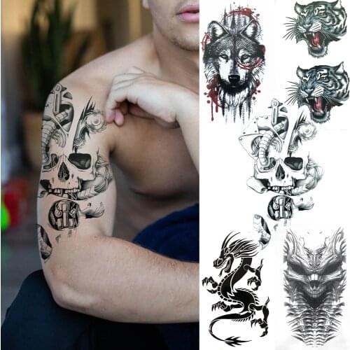 Evil Death Skull Fake Tattoo Sticker Black Dragon Wolf Tiger Temporary Tattoos For Men Women Children 3D Waterproof Tatoos Decal